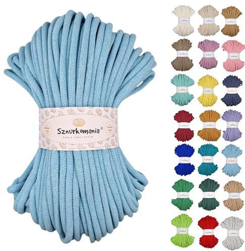 Sznurkomania, Baumwollkordel 9mm 50m, viele Farben, Makramee Garn, Baumwollgarn, geflochtene Baumwollkordel 9mm mit Kern, Häkelkordel, gehäkelte Tasche (Hellblau)