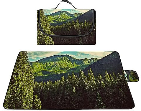 Picknickdecke 150x200cm,XXL Picknickdecke mit Wasserdichter Unterseite,Outdoor Stranddecke Sandfrei,mit Tragegriff Faltbare Picnic Blanket für Camping,Strand,Park,Familie,Konzerte Grüner Bergwald