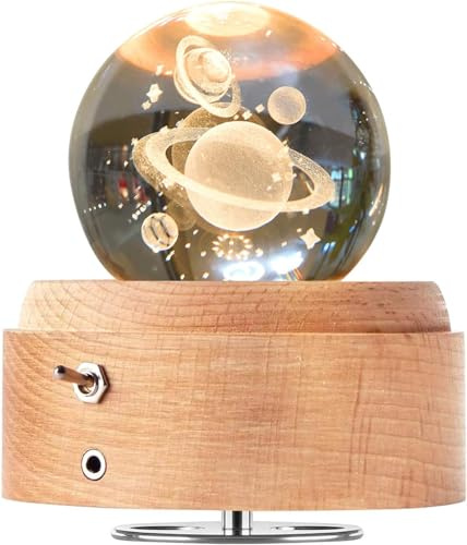 BIAOQINBO Boîte à musique en forme de boule de cristal, boîte à musique en bois rotative à 360° avec lumière, fonction de projection éclairée, cadeau pour Noël, Thanksgiving, anniversaire