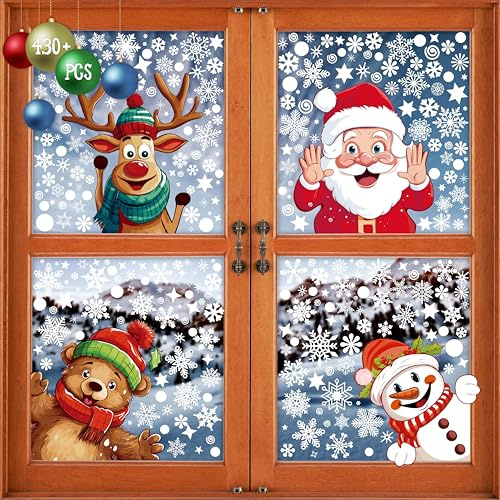 430+ Adesivi Natalizi per Finestre, a Doppia Faccia, 40+ Design con Babbo Natale Colorato e Fiocchi di Neve Bianchi, Adesivi Statici Riutilizzabili per la Decorazione delle Finestre in Vetro (9 Fogli)