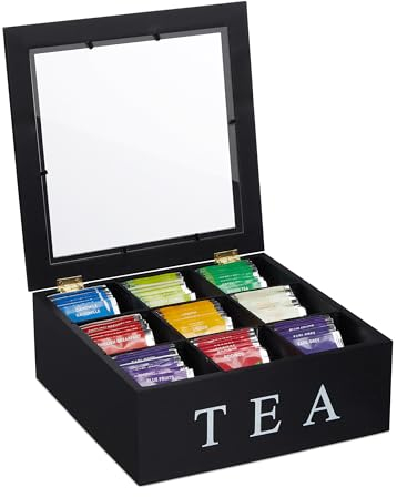 Relaxdays Scatola Porta tè, Organizer Cassetti 9 Scomparti, 9x23,5x23,5 cm, Tea Box con Coperchio, in bambù, Nero Bianco