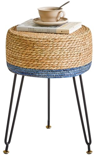 YMYNY Sitzhocker, Ottoman, Fußhocker aus Natürliches Seegras und Metallbein, in ländlichen Stil, Handgefertigt, für Schlafzimmer, Wohnzimmer, 32×32×45CM Natürliche Farbe und Blau HBD029Q