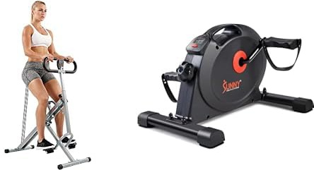 Sunny Health & Fitness Under Desk Dual Function Smart Mini Arm & Leg Pedal Exerciser Cycle Bikes + Squat Assist Upright Row-N-Ride Rowing Machine, Horse Riding Machine Full Body Exercise Indoor