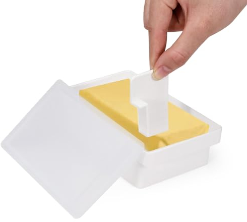 Mantequera de cocina con tapa y tabla para cortar, soporte para mantequilla con tapa de plástico, bandeja para mantequilla refrigerada de 250 g, recipiente mantequilla para almacenamiento en encimera,
