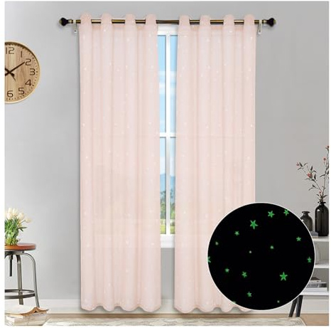 HonunGron 2 Stück Sterne Vorhang Verdunklungsvorhänge, Im Dunkeln leuchtende Sternvorhänge, Halbtransparent Sterne Vorhänge mit Ösen für Kinderzimmer Wohnzimmer Schlafzimmer (Rosa,213 X 132cm H x B)