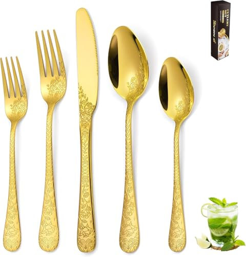 Service de vaisselle en argent doré 20 pièces pour 4, miroir poli rose fleur de cuisine, set de couverts avec cuillères, fourchettes et couteaux pour cuisine, restaurant, hôtel