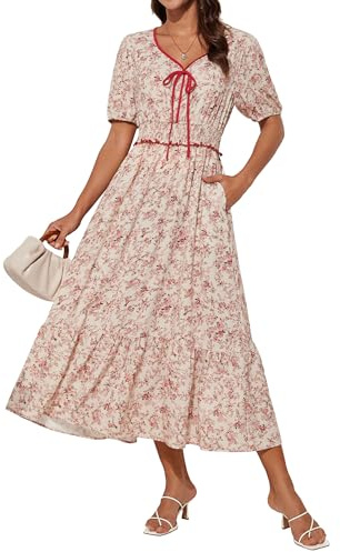 GRACE KARIN Robe midi élégante à fleurs pour femme - Manches courtes - Col en V - Taille élastique - Robe d'été, L