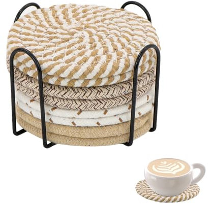 alwaiiz Lot de 8 dessous de verre ronds en coton avec support, antidérapants et résistants à la chaleur pour différentes tasses