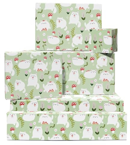 Grönt omslagspapper – katttema gåvor för flickor pojkar – 6 ark presentinslagningar – katter och svamp presentinslagning – till födelsedag påsk jul årsdag bröllop baby shower – levereras med etiketter
