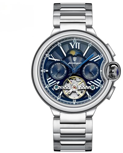 Poedagar Fashion Automatic Mechanical Man Watch Date Week Waterproof Men Watch Tourbillon Stainless Steel Band Leather Band Business Men's Watches, Silver Blue S