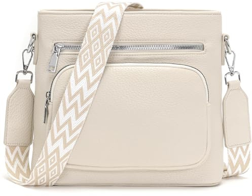 Snmoec Handtasche Damen mittelgroß umhängetasche Damen Handy Crossbody Bag Leder PU damentaschen mit breitem Gurt Handtasche Beige