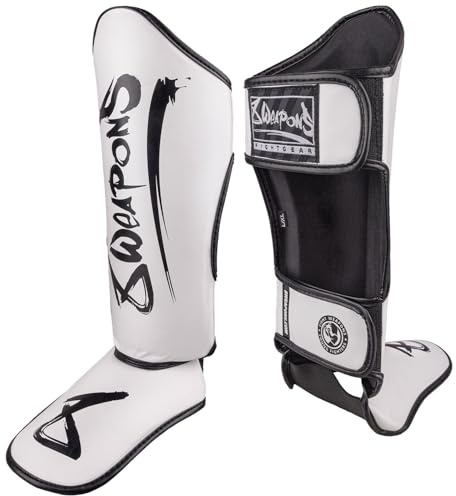 8 WEAPONS Schienbeinschoner, Kinder, Unlimited 2.0, Weiß-schwarz, Größe L/XL, Training & Wettkampf, Hochwertiges Kunstleder und perfekte Dämpfung, Muay Thai, K1, MMA, Karate & Kickboxen