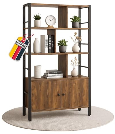 Mein-Regal Vintage 155x74x30 cm, Metallregal schwarz, 7 Fächer & 2 Türen Holzregal mit Metallrahmen, Bücherregal, Standregal, Wandregal, offenes, Wohnzimmer, Schlafzimmer