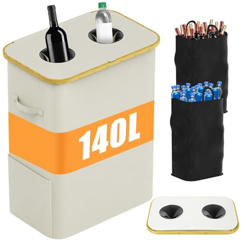 Yuxava Collecteur de Bouteilles avec Couvercle, Poubelle de Recyclage 140L, 2 Réutilisables Sac Recyclage, Poubelle Exterieur de Recyclage avec Trou, Bouteilles Verre, Grande Capacité
