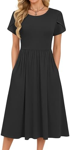 MOLERANI Summer Dresses for Women UK Round Neck Short Sleeve Elegant Tunic Dress Classic Midi Dress with Pockets