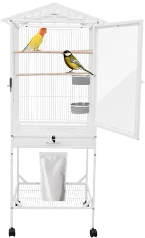 Vogelkäfig mit Rollen Käfig für Papageien 46 x 46 x 136 cm Großer Käfig für Papageien Nymphensittiche Wellensittiche, Vogelvoliere mit Ständer & Ablagefach, Weiß