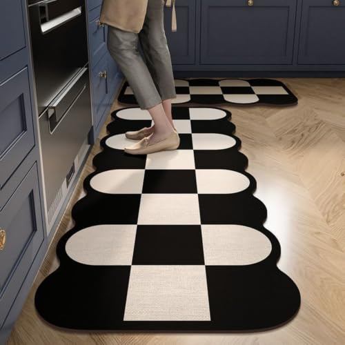 Alfombra Cocina 50X80Cm Negro Blanca Alfombra Vinilica Cocina Cuero,Modernas Lavable Antideslizante Anti Fatiga para Pasillo, Comedor,Hogar Alfombrilla Cocina