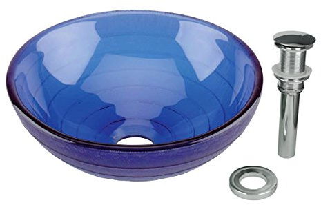 Renovators Supply Glass Countertop Vessel Sink - Round Bathroom Wash Basin - Tempered Vanity Bowl With Sink Drain - Modern Lavatory Bowls for Small Spaces - Shatter-Resistant - Blue Circular