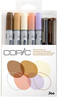 COPIC Ciao Set People Doodle Kit, 7er Set mit 5 Twin Marker mit einer mittelbreiten und einer Brush-Spitze inkl. 2 Multiliner Gray und Brown 0,3 mm