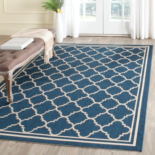 SAFAVIEH Tappeto Geometrico - Soggiorno, Sala da pranzo, Camera da letto - Lavabile in Lavatrice e Antiscivolo - Courtyard Collection, A Pelo Corto, Blu Marino e Beige, 122 X 170 cm