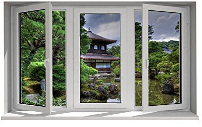 Stickers trompe l'oeil fenêtre Jardin zen - L 150cm x H 90cm
