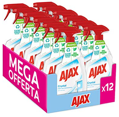 Ajax Detersivo Spray Crystal Clean Vetri 12 Flaconi da 750 ml | Detergente Vetro Spray Con Ammoniaca I 100% Anti-Alone | Per Vetri, Specchi e Superfici Brillanti