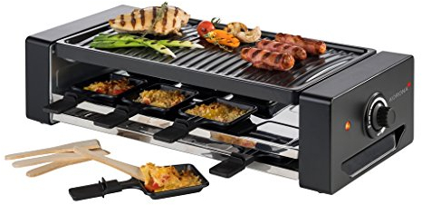 Korona 45070 Raclette für 8 Personen | 8 Pfannen & Spatel | Extra Pfannenablage | Mit antihaftbeschichteter Grillplatte | Langes 1,2 m Kabel | 1300 Watt, Schwarz