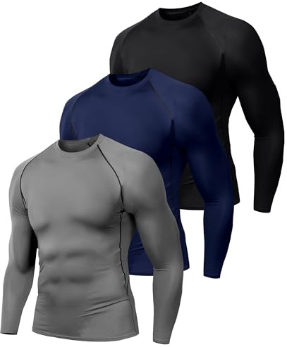 Herr (förpackning med 1 eller 3) cool torr kompression kort/långärmad sport baselayer t-shirts toppar, Svart/grå/marinblå, M