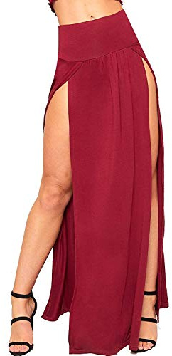 Crazy Girls Womens Long Double Split High Waist Ladies Plain Jersey Stretch Two Side Slit Maxi Skirt (12-14, Wine)