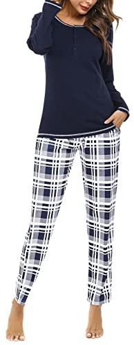 Litherday Pyjama Femme Hiver Ensembles de Pyjama Femme Coton Vêtement de Nuit à Manches Longues Tenue de Nuit à Carreaux Automne et Hiver,B Bleu Marine M