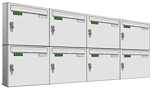 AL Briefkastensysteme Basic 8er Briefkasten RAL 9016 Verkehrs Weiss 8 Fach DIN A4 wetterfest Briefkastenanlage mit Posthaltebügel und 2 Namensschildern