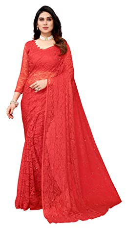 Yashika Sari solide en filet avec chemisier pour femme, Rouge, taille unique