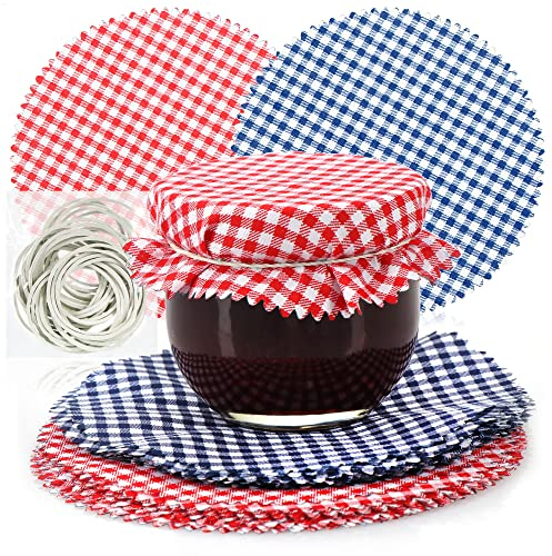 com-four® 30 centrini Decorativi per barattoli - centrini per marmellata con Gomma - Decorazione per barattoli - centrini in Vetro per Decorare barattoli di marmellata (030 Pezzi - Rosso/Blu)
