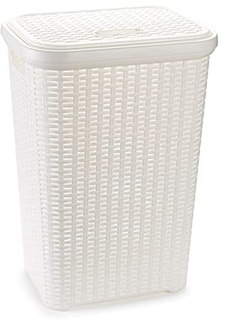 AC - Cesto para ropa sucia con tapa y asas - Estilo Rattan - Fabricado en españa - Cubo pongotodo para colada - Diseño imitación mimbre - Capacidad 60 Litros - 61,5 x 42,5 x 34 cm - Color Blanco