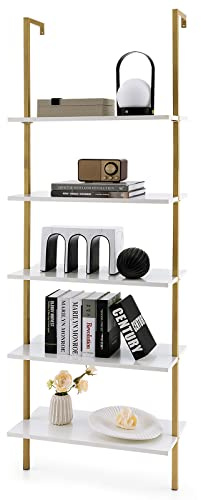 GOFLAME 5-Tier Ladder Shelf, Wall Mounted Bookshelf with Steel Frame, Elegant Bookcase, Open Storage Display Shelves, Tall Plant Flower Rack for Home Office, Living Room & Bedroom