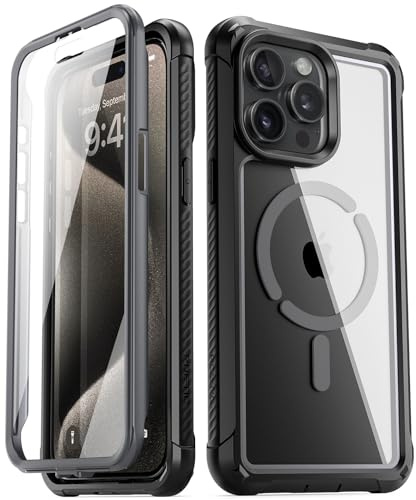 POETIC Guardian MagPro Custodia compatibile con iPhone 15 Pro 6,1 pollici, compatibile con MagSafe, Full Body Hybrid Antiurto, Cover trasparente con pellicola protettiva integrata, colore: