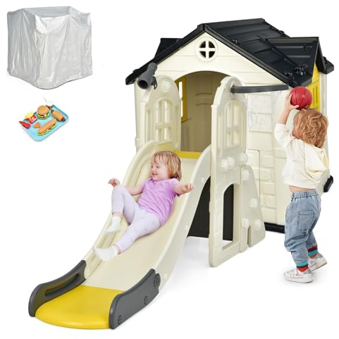 COSTWAY Cabane de Jardin Enfant avec Toboggan 140 CM, Maison Enfant Exterieur avec Panier de Basket & Lancer d'Anneaux, Jeu d’Imitation pour Enfants de 3 Ans+
