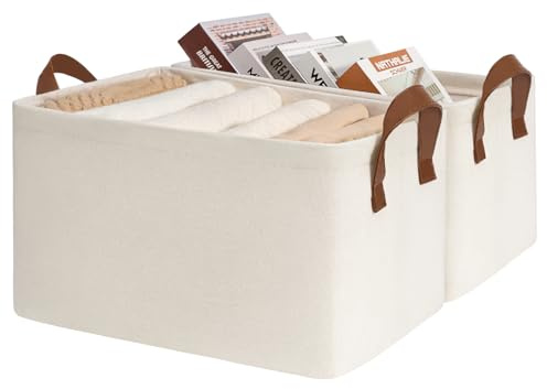 CHICVITA Storage Bins for Shelves, Closet Bins for Organization, Collapsible Storage Baskets for Towels, Rectangle Basket for Bedroom, 14 ¾ L x 10 ¼ W x 8 ¼ H, Beige, 2-Pack