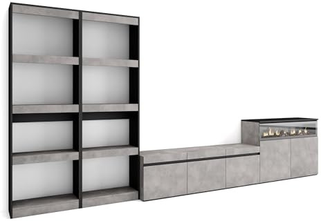 Skraut Home | Wohnwand Wohnzimmer | Wohnzimmermöbel, Möbelset | 370x186x35cm | Für TV-Geräte bis zu 65 | Elektrokamin. | Moderner Stil | Zement
