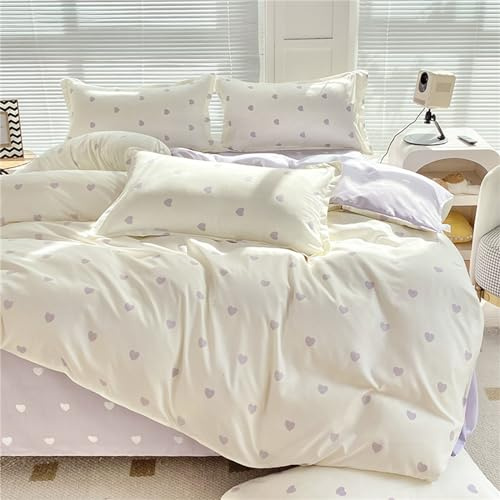 Odot Parure de Lit 4 Pieces Imprimé Coeur d'amour, Ensemble de Literie/Set de Housse de Couette avec Housses de Couettes, Drap Plat et Taies D'oreillers (220x240cm,Coeur d'amour Violet)