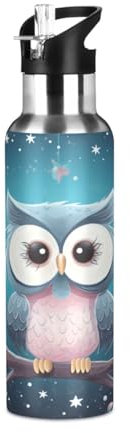 Linnyio Chouette De Dessin Animé Mignon Gourde Sport Étanche,Sans BPA,Bouteille D'Eau Isolée Sport Tasse À Vide en Acier Inoxydable,1000ml/600ml