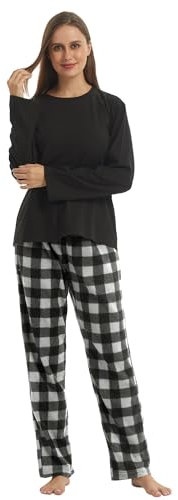 LNFINTDO Ensemble de pyjama en polaire pour femme, haut à manches longues et pantalon de pyjama à carreaux, vêtements de nuit doux, vêtements de détente et ensembles de pyjama chauds 2 pièces, Noir +