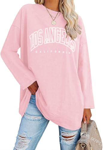 Ebifin oversize långärmad tröja dam lång tröja rund hals Los Angeles topp långärmad t-tröjor tröjor basic tunika tetoppar., ROSA, M