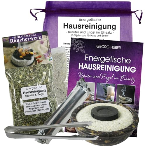 Räuchern Haus & Wohnung ausräuchern ENERGETISCHE HAUSREINIGUNG 10-TLG Set mit Räucherwerk, Räuchermischung, Räucherschale, Räucherzubehör, Anleitung, Buch KRÄUTER & Engel im Einsatz. 81045-SZ