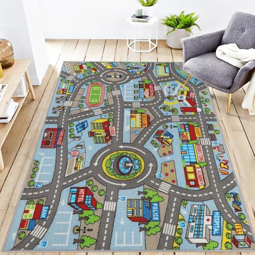 Capslpad Auto-Spielmatte, 100 x 160 cm, rutschfest, Kinderteppich, Stadtkarte, interaktiver Spielteppich, maschinenwaschbar, kreativ, pädagogisch, Jungen, Mädchen, Spielmatte für Jugendzimmer