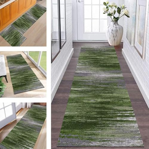 Teppich Läufer Küche Flur Waschbar Rutschfest Teppichläufer 70X400CM Meterware Läufer Teppich Grün Grau Blau Flurteppich Kinderzimmer Schlafzimmer Wohnzimmer Küchenläufer Teppich Anpassbar Dauerhaft