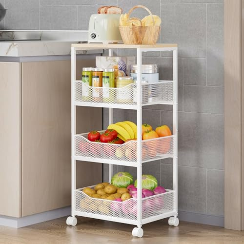 HapiRm Cesta de frutas para cocina, estante de almacenamiento de verduras de 4 niveles con ruedas, carrito de almacenamiento de cocina con parte superior de madera, organizador de frutas y verduras