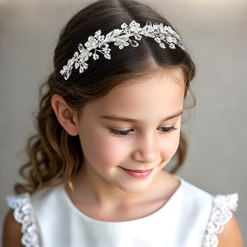 Oriamour Haarreif für Blumenmädchen mit Kristall-Strasssteinen, Prinzessin, Teenager, Mädchen, Kopfschmuck für Geburtstag, Hochzeit, Fotografie, Erstkommunion, Silber, 35,6 cm
