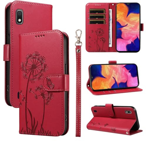 Bravoday Cover per Samsung Galaxy A10, Custodia in PU Pelle Portafoglio Flip Schede con Slot per Carte, Magnetica Antiurto Cover per Galaxy A10, Rosso
