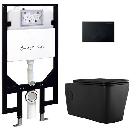 Swiss Madison Concorde Wall-Hung Toilet Bundle 0.8/1.6 GPF Dual Flush in Matte Black with Black Flush Plate